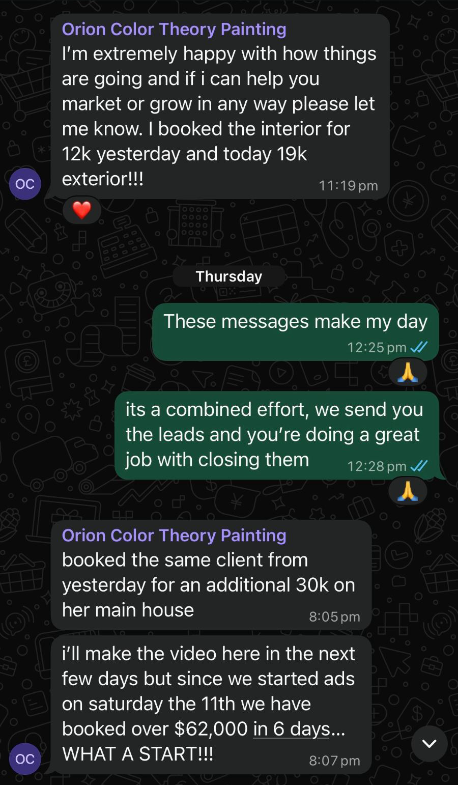 WhatsApp conversation: painting contractor booked over $62,000 in the first 6 days of running ads