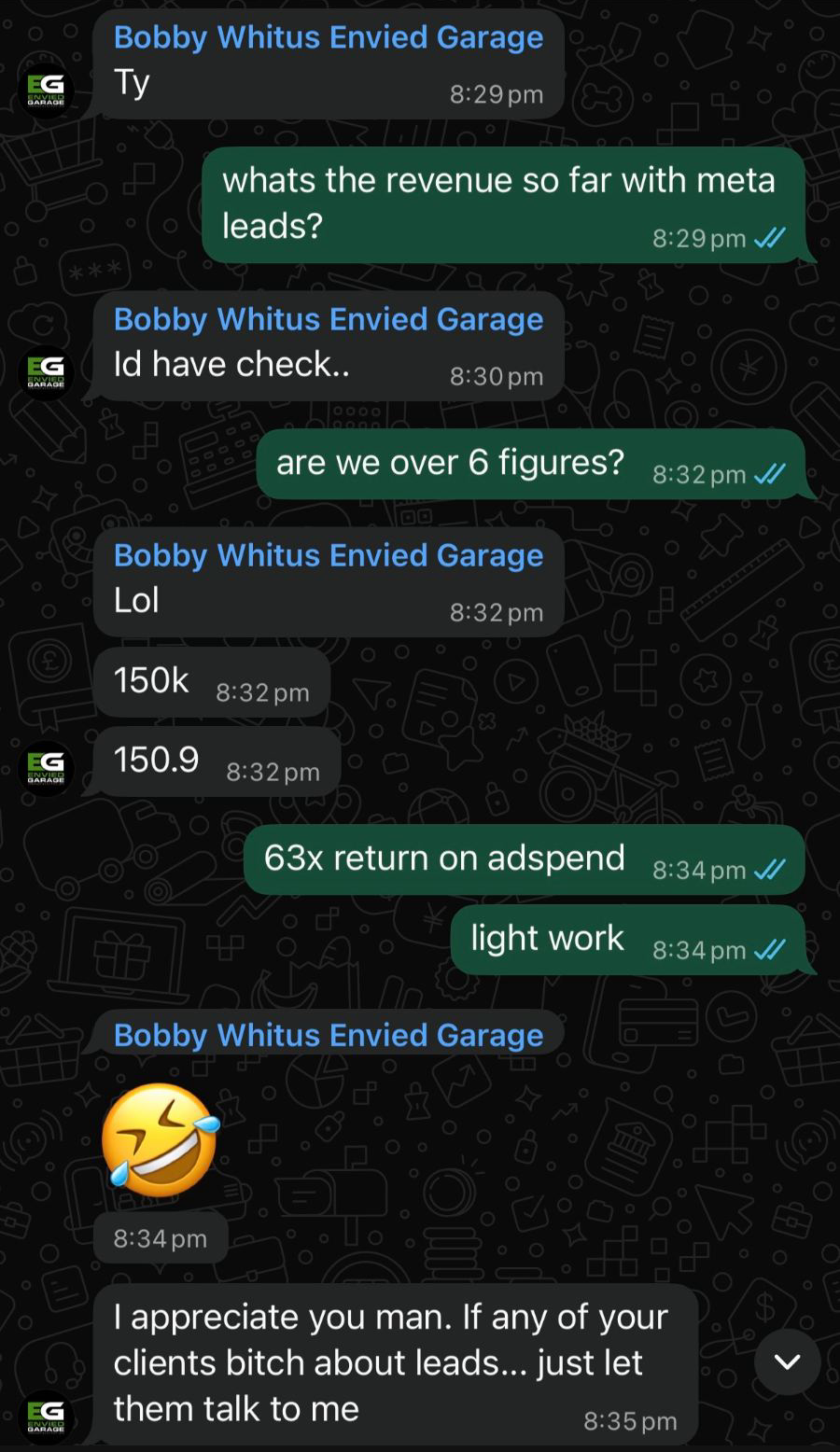WhatsApp conversation: contractor confirms $150.9k in revenue from Meta leads, and a 63x return on ad spend